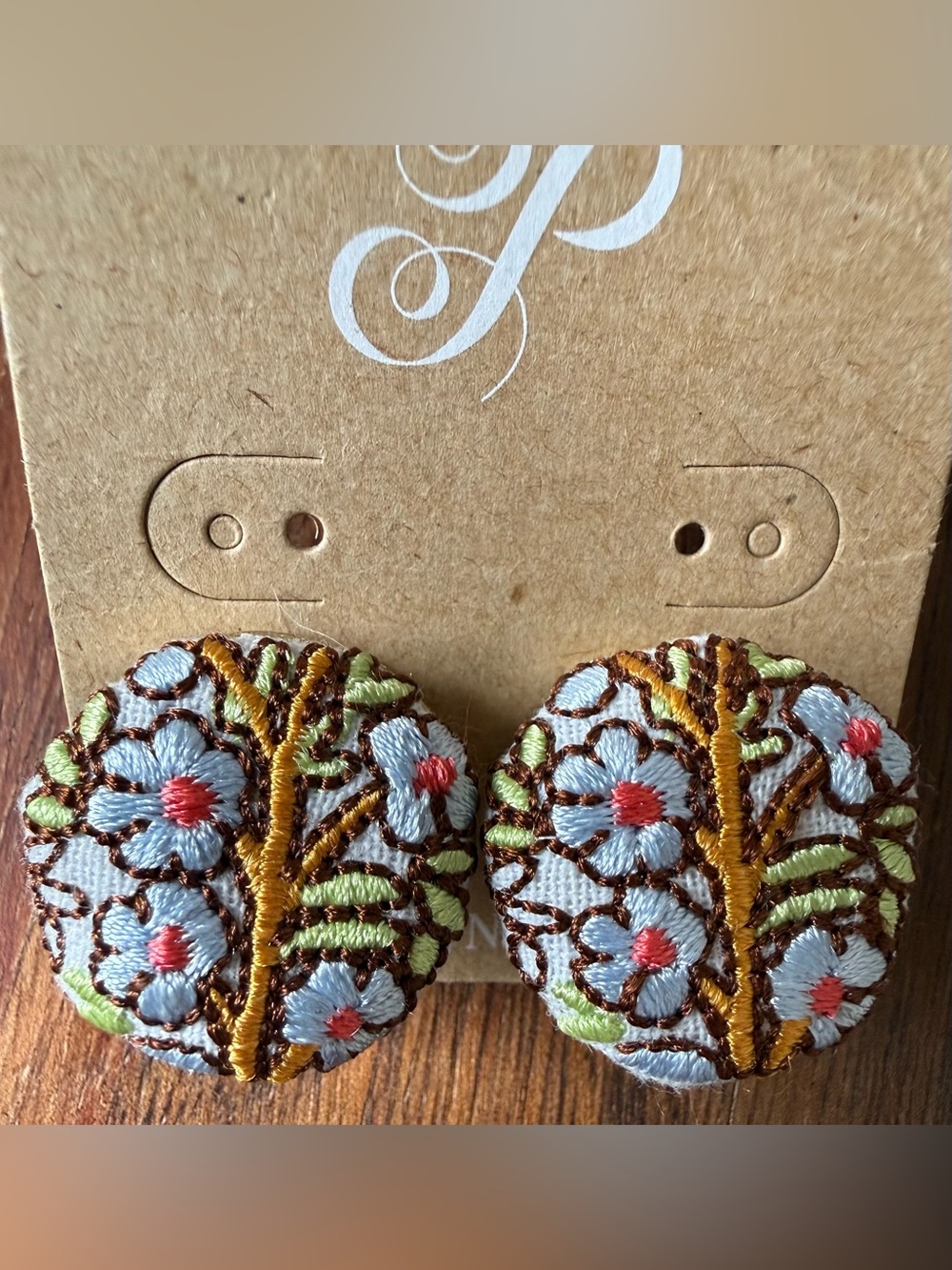 Plunder Light Blue Floral Embroidered Button Earrings Pierced Flower
